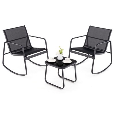 Tangkula 3 Piece Rocking Bistro Set Patio Furniture Set w/ 2 Rocking Chairs & Glass-Top Coffee Table