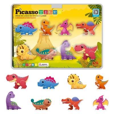 PICASSO-TILES Magnetic Tiles Dinosaur Animal Theme, STEM Building Blocks Toy for Kids, 8pcs