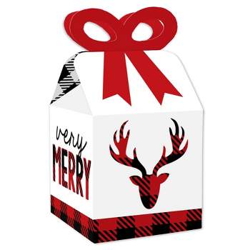 Big Dot of Happiness Prancing Plaid - Square Favor Gift Boxes - Reindeer Holiday and Christmas Party Bow Boxes - Set of 12