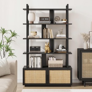 5-Tier Bookshelf with Rattan Cabinet, 71 Inch Tall Bookcase, Metal Frame Storage Shelf with 4 Open Shelves & 1 Door for Living Room Bedroom - 1 of 4