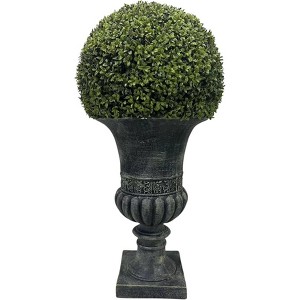 Gulches 32 Inch Ball Topiary Artificial Faux Plant Low Maintenance Indoor Outdoor Decor with Grey Pedestal Pot Home Office Garden - 1 of 4