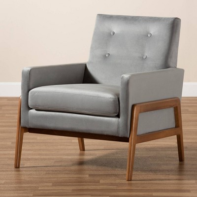 Perris Grey Velvet and Walnut Brown Wood Accent Chair
