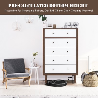 White and Walnut Mid-Century Modern 5-Drawer Dresser