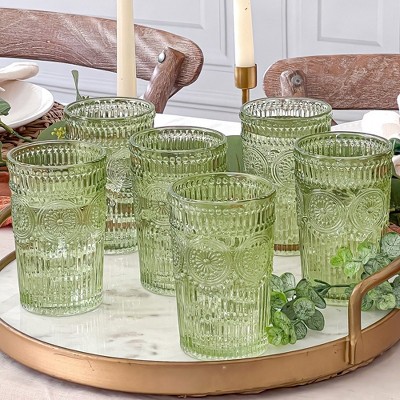 Vintage Textured Sage Green Ribbed Glassware Set of 6, 13 oz