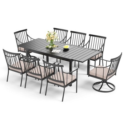 Captiva Designs 9pc Patio Dining Set with Slat-top Adjustable Steel Rectangle Table & Stylish Metal Arm Chairs