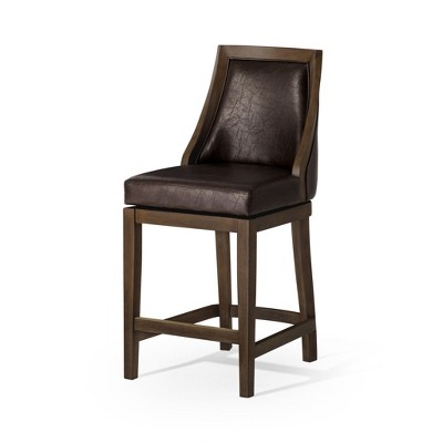 HomeRoots 26" Brown Faux Leather and Solid Wood Counter Height Swivel Bar Chair