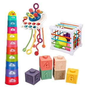 Etokfoks 4 Piece Montessori Baby Sensory Toy Set Pull String Shape Sorter Stacking Cups Soft Blocks for 6 to 12 Month Infant Learning - 1 of 4