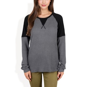 Anna-Kaci Women's Waffle Knit Top with Raglan Color Block Sleeves and Crew Neck - 1 of 4