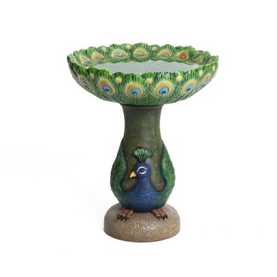 LuxenHome 20" Elegant Tall Peacock Outdoor Resin Bird Bath with Elegant Feather Basin for Garden, Patio Multicolored