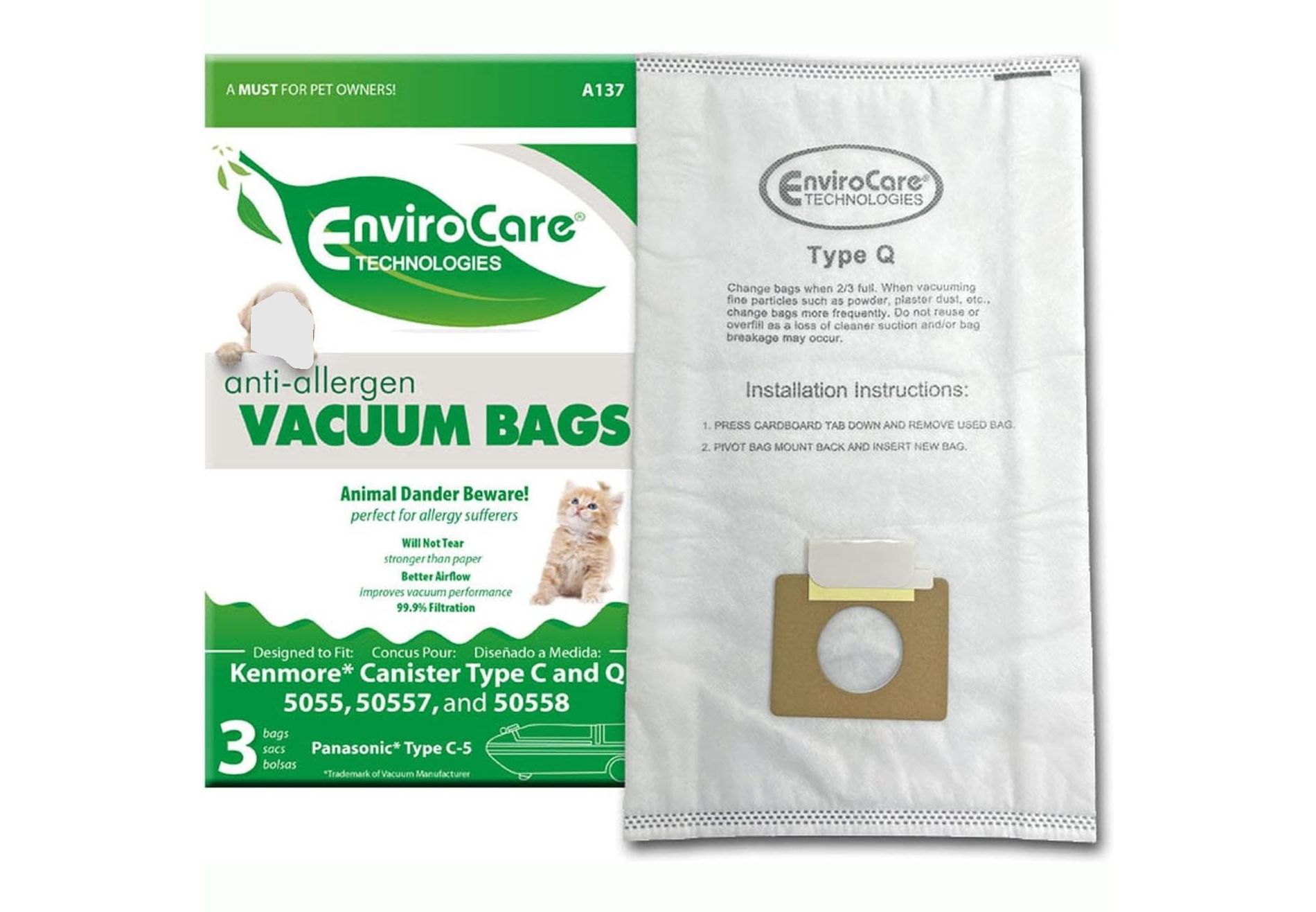 EnviroCare Replacement Allergen Filtration Bags Designed to fit Kenmore Canister Type C/Q, 50555, 50558, 50557 and Panasonic Type C-5 3 pack