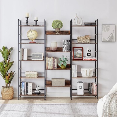 Triple Wide 5 Tier Bookshelf, Rustic Industrial Style Bookcases with 14 Open Display Shelves, Bookcase Furniture for Living Room and Home Office