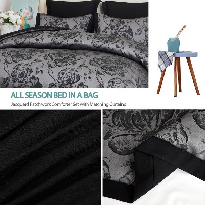HIG 7-Piece Burgundy Jacquard Bed in a Bag, Queen Size Comforter Set with Floral Damask Design, Red Rose Patchwork Bedding, Shams & Window Panels — фото 6