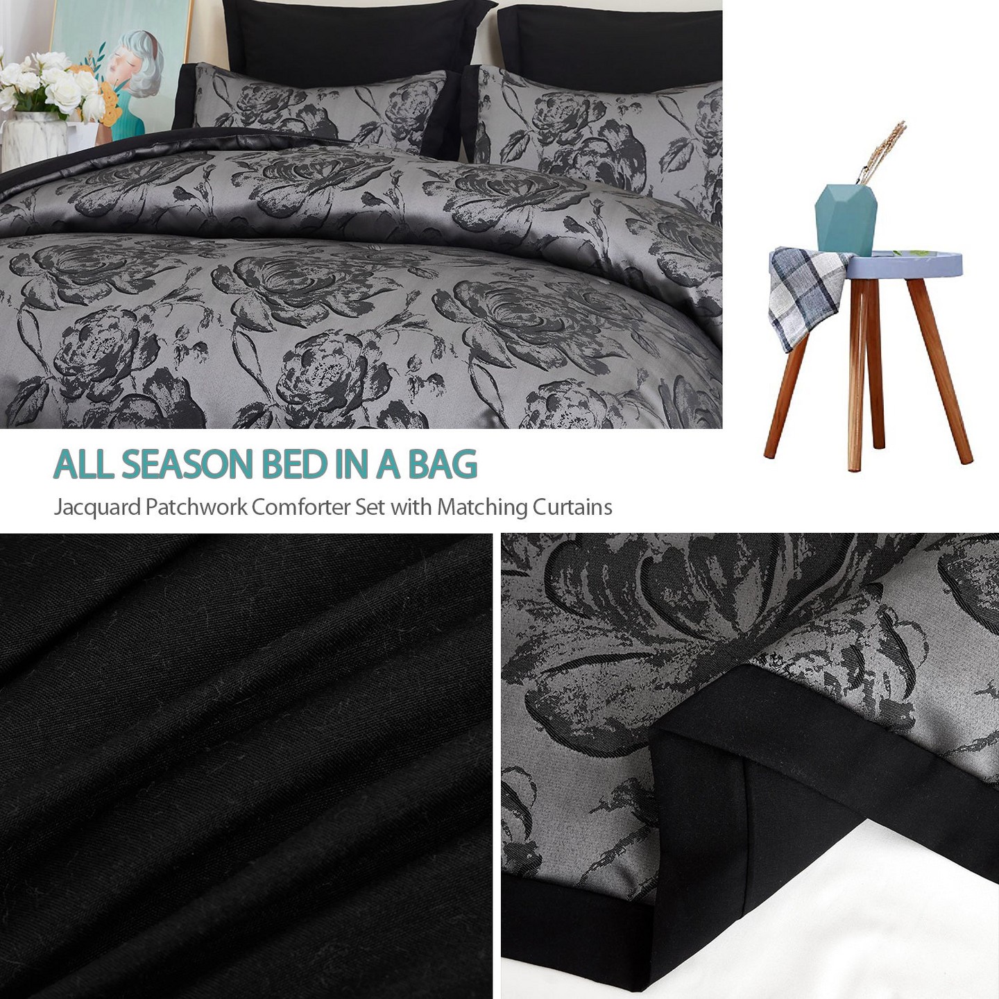 Комплект постельного белья HIG 7-Piece Burgundy Jacquard Bed in a Bag, Queen Size Comforter Set with Floral Damask Design, Red Rose Patchwork Bedding, Shams & Window Panels, цвет: Бордовый — фото 6