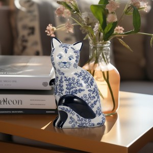 Sagebrook Home 8" Ceramic Cat Sculpture - Contemporary Vintage Style Chinoiserie Blue and White Floral Sitting Cat Statue - Cat Lover Gift - Home and - 1 of 4