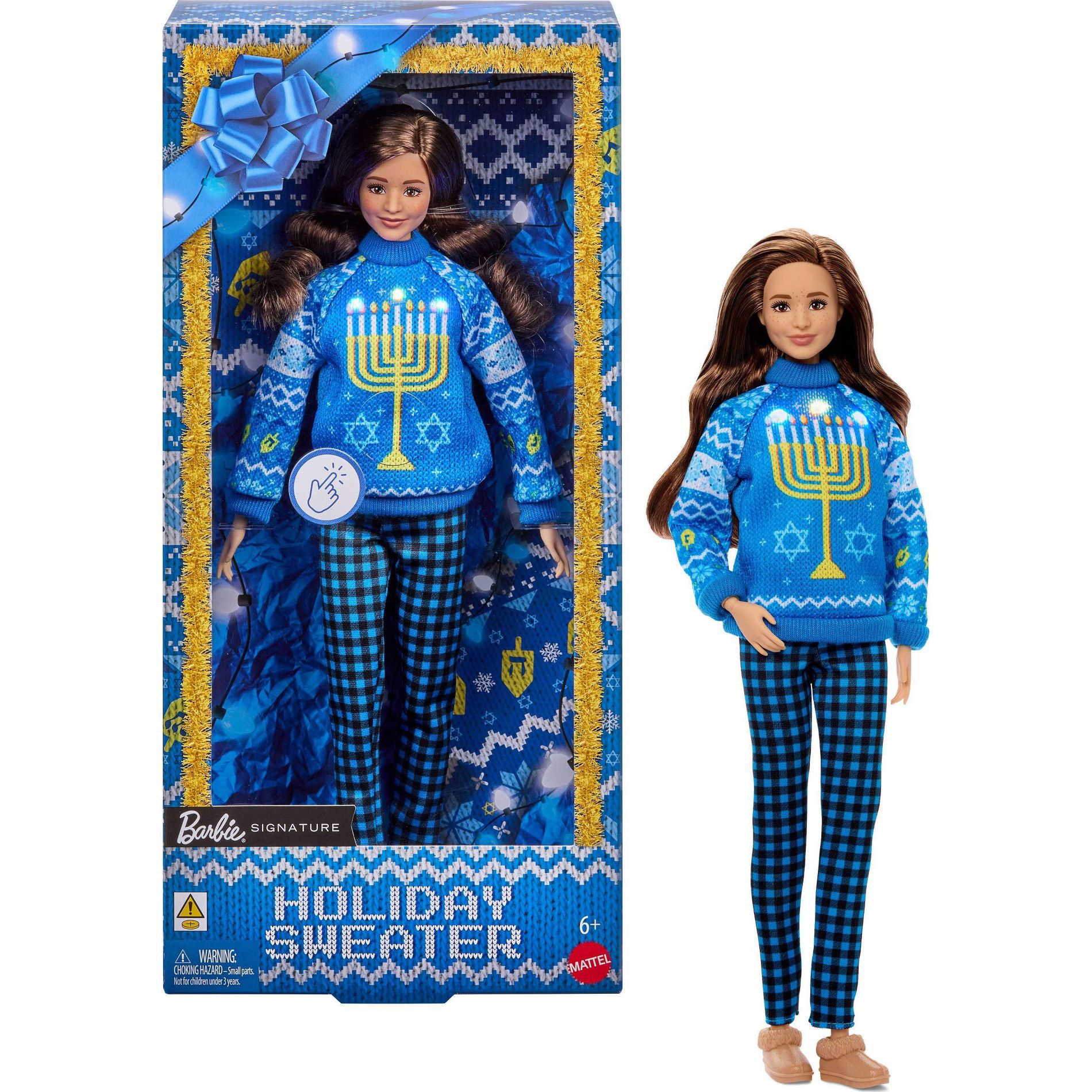Barbie Holiday Sweater Doll Collectible Ugly Blue Sweater Doll in Themed Knit Sweater
