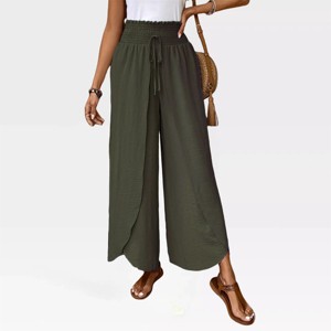 Womens Wide Leg Summer Pants Flowy High Split Palazzo Beach Pants with Shirred Waist Boho Wrap Pants Lounge Pants High Waisted Trousers - 1 of 4