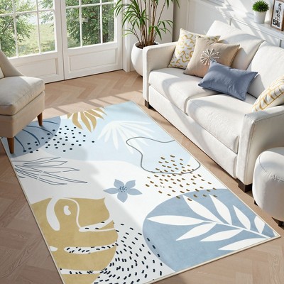 Lahome Machine Washable Area Rugs Non-Slip Large Living Room Rug Boho Botanical Print Ultra-Thin Indoor Rug for Classroom Nursery Dining Room