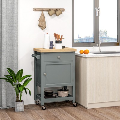 Gray Wood Rolling Kitchen Cart with Butcher Block Top and Storage