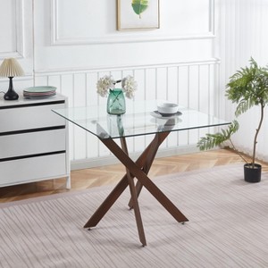 Kumasinova 35.43" Square Dining Table for 4-6,Kitchen Table with Cross Metal Leg & Glass Top,Small Dinner Table for Living Room,Dining Room - 1 of 4