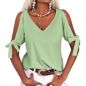 Imily Bela Women Summer V Neck Cold Shoulder Tops Loose Casual Tee Chic Cutout Blouse - 1 of 4