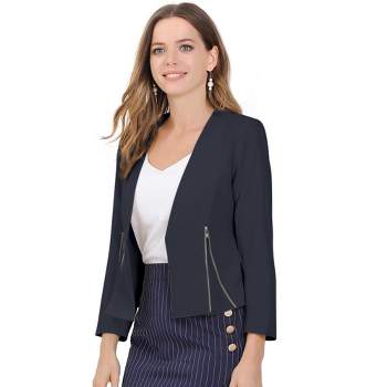 Allegra K Women's Work Office Zipper Decor Collarless Cropped Blazer