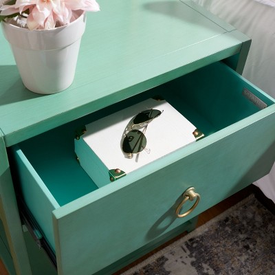 Turquoise Acacia Wood Nightstand with Gold Trim and Shelf
