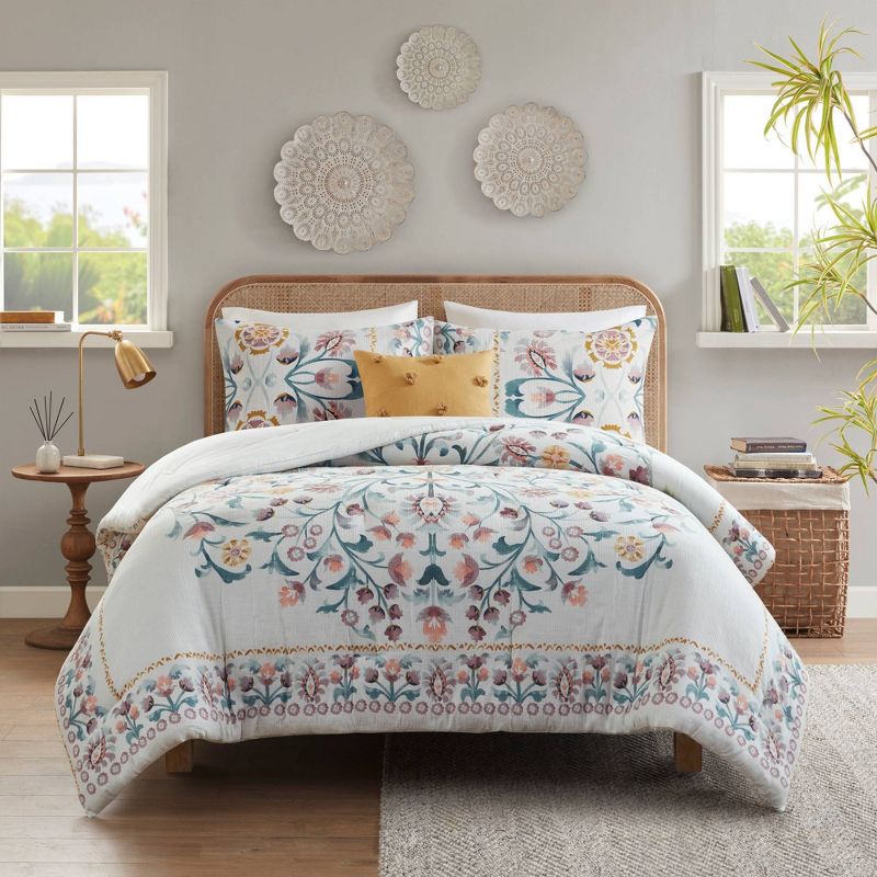 4pc Ada Floral Comforter Set with Throw Pillow White - Madison Park, 4 of 12