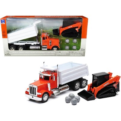 Peterbilt Dump Truck Orange & White & Kubota SVL95-2s Compact Track Loader Orange & Black and Boulders Set of 2 pieces 1/32 Diecast Models by New Ray