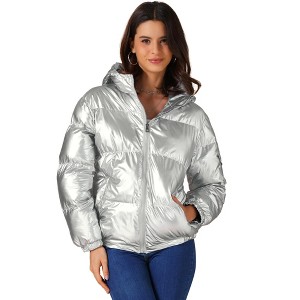 INSPIRE CHIC Women's Casual Shiny Pockets Hooded Winter Puffer Jackets - 1 of 4
