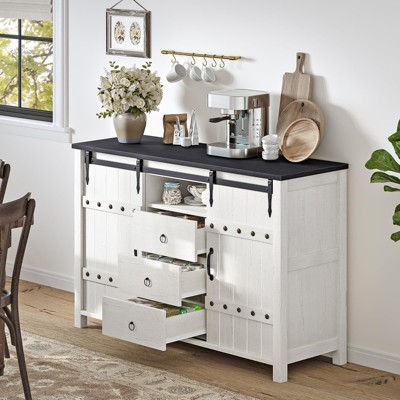 Hausource 3 Drawers Kitchen Storage Cabinet Sideboard Buffet Cupboard Sliding Barn Door