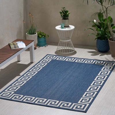 FONTOI Woven Area Rugs, Geometric Rugs with Border Design, Floor Mat Carpet for Backyard Deck Porch, Indoor and Outdoor, Navy Blue, 84"*0.16"*63"