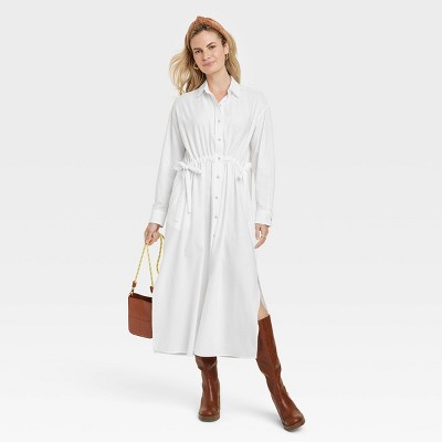 Женские платья Universal Thread Women's Long Sleeve Cinch Waist Maxi Shirtdress - Universal Thread™ White L: Twill, Front Button Down — фото 3