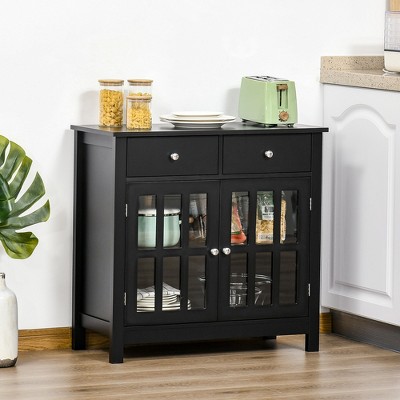 Black Wood Sideboard Buffet Cabinet with Glass Doors