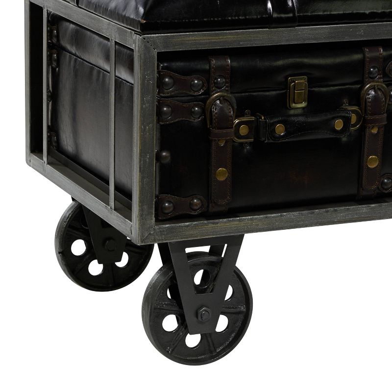 Industrial Wood and Faux Leather Storage Bench On Wheels Black - Olivia &#38; May, 5 of 33