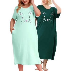 Agnes Orinda Women's Plus Size Cute Cat Print Short Sleeve with Pockets Nightgowns - 1 of 4