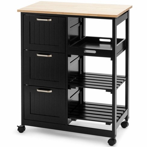 Costway Rolling Kitchen Island Utility Storage Cart W 3 Storage Drawers Shelves White Black Target