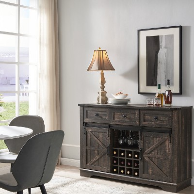 OKD 54" Wine Bar Cabinet w/Sliding Barn Door, Kitchen Coffee Bar Cabinet w/Wine & Glass Rack, 3 Drawers, Large Buffet Sideboard