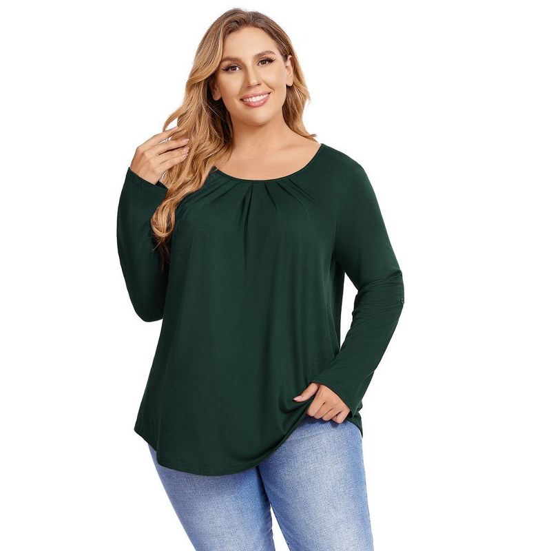 WhizMax Women Plus Size Pleated Flowy Top 3/4 Roll Sleeve Casual Loose Blouse Round Neck Tunic Shirt Long Sleeve, 2 of 8