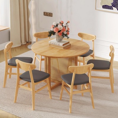 VYNXARIA Table and chair set.Ancient Style Solid Wood Dining Table, Imitation Rattan Table Legs, 6 Natural Wood Color Rubberwood Dining Chairs