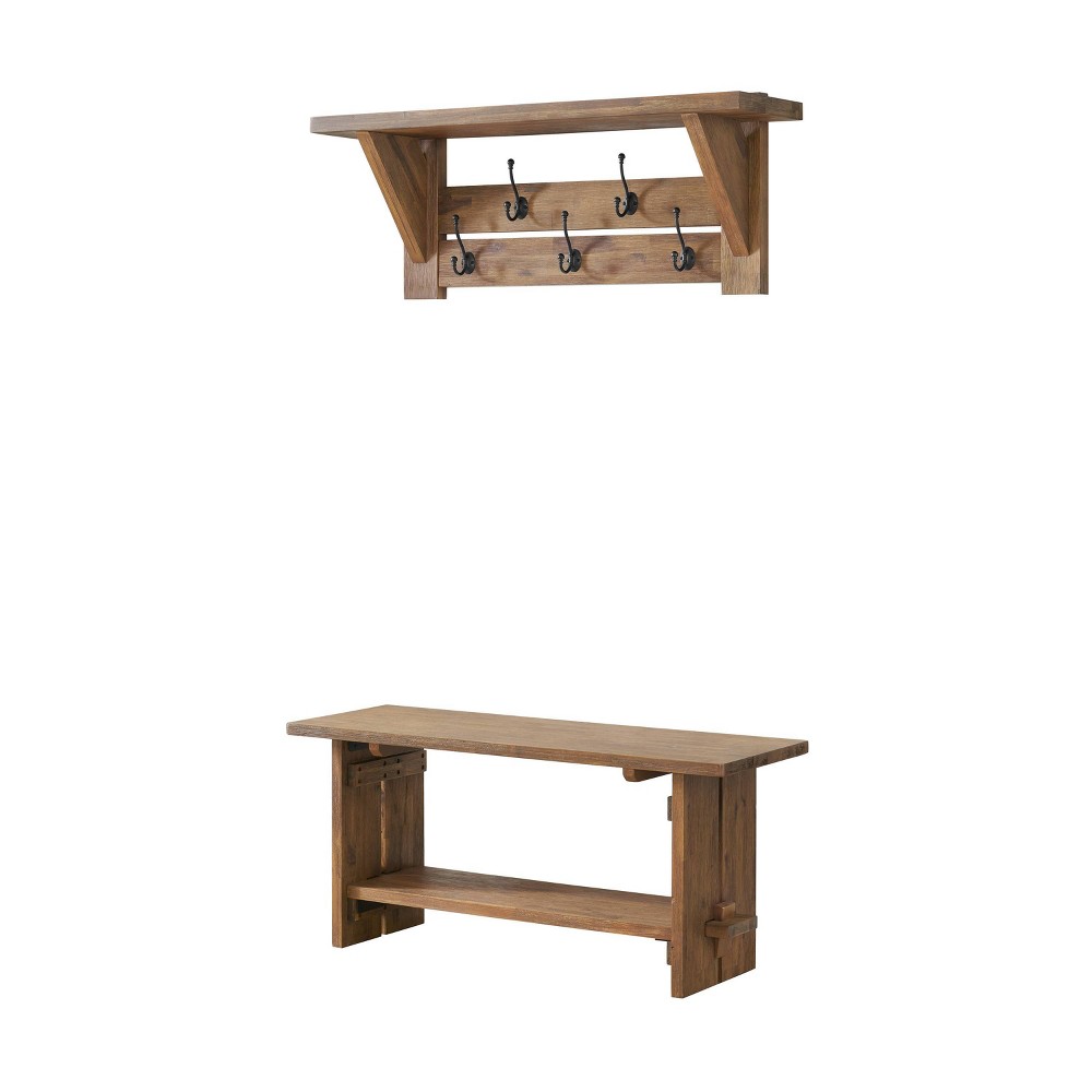 40" Bethel Acacia Wood Bench and Coat Hook with Shelf Natural - Alaterre Furniture: Industrial Style Hall Tree, Mudroom Organizer