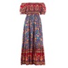 Dresses for Women Boho Floral Print One Shoulder Puff Short Sleeve Ruched High Waist Flowy Vacation Summer Maxi Dress - 4 of 4