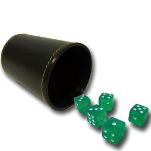 Slickblue Green Dice Set – 5 Translucent 16mm Dice with Black Plastic Cup & Green Felt Lining or Synthetic Leather Cup - 1 of 3