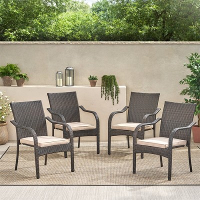 Outdoor Chairs Set Of 4, Rattan Armchairs With Soft Cushions, Patio Dining Chairs With Curved Armrests, High Backrest For Backyard, Garden, Brown
