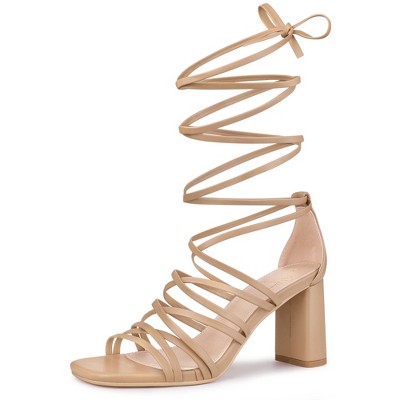 Allegra K Women's Lace Up Strappy Block High Heel Sandals Nude 10 : Target