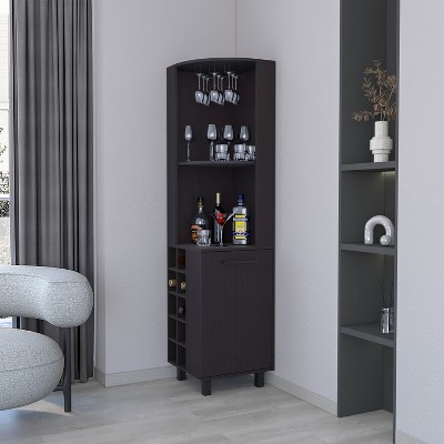 Vynxaria Leah Corner Bar Cabinet (17.7"W×17.7"D×70.8"H) 10 Wine Racks, 2 Top Shelves, 1 Cabinet w/2 Shelves, Melamine/Black Pine