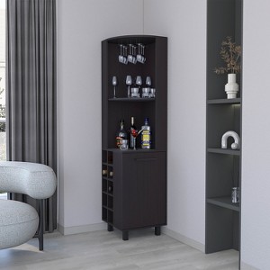 Vynxaria Leah Corner Bar Cabinet (17.7"W×17.7"D×70.8"H) 10 Wine Racks, 2 Top Shelves, 1 Cabinet w/2 Shelves, Melamine/Black Pine - 1 of 4