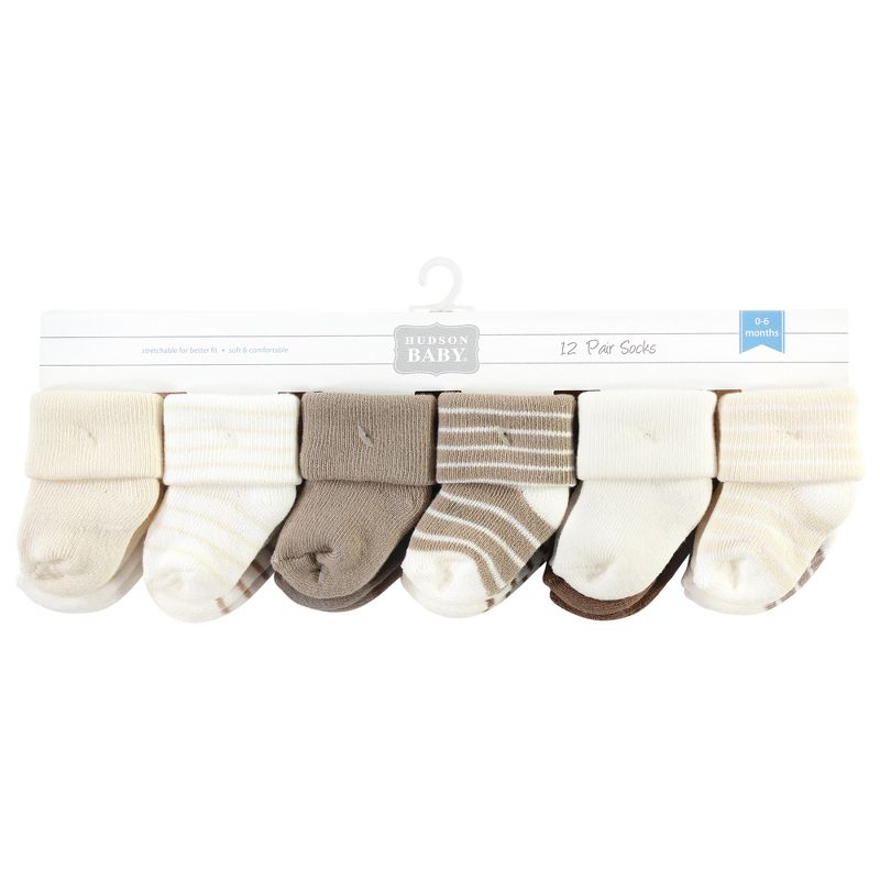 Hudson Baby Infant Boy Cotton Rich Newborn and Terry Socks, Beige Stripe 12 Pack, 2 of 9