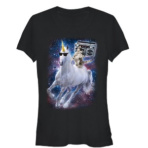 Juniors Womens Lost Gods Boombox Cat and Unicorn Space Song T-Shirt - 1 of 3