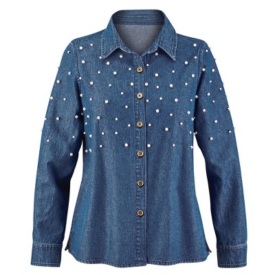 Collections Etc Pearl Embellished Button-Front Long Sleeve Denim Shirt