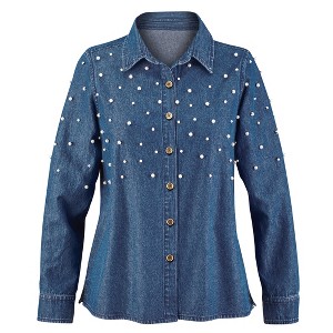 Collections Etc Pearl Embellished Button-Front Long Sleeve Denim Shirt - 1 of 4